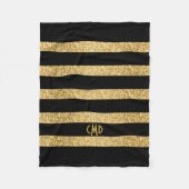 Gold Glitter Black Stripes Monogram Fleece Deken (Voorkant)