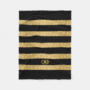 Gold Glitter Black Stripes Monogram Fleece Deken