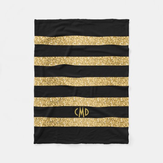 Gold Glitter Black Stripes Monogram Fleece Deken (Voorkant)