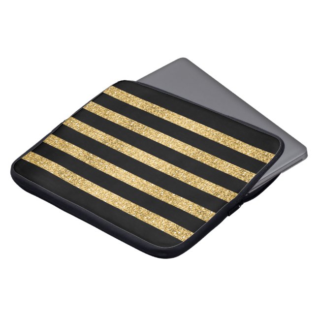 Gold Glitter Black Stripes Monogram Laptop Sleeve (Voorkant top)