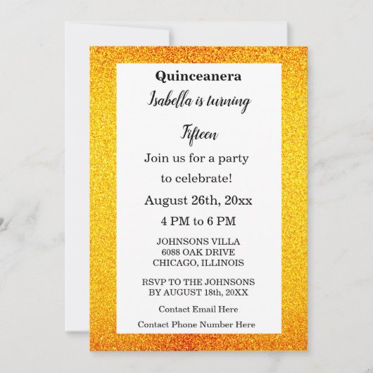 Gold Glitter Black Text Quinceanera 15th Birthday Kaart (Voorkant)