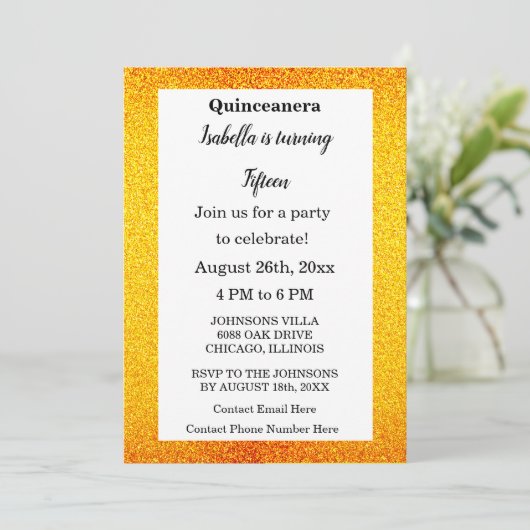 Gold Glitter Black Text Quinceanera 15th Birthday Kaart (Staand voorkant)