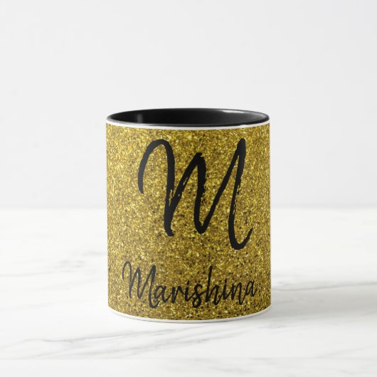 Gold Glitter Black Trim - Aangepaste monogram naam Mok (Midden)
