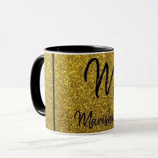 Gold Glitter Black Trim - Aangepaste monogram naam Mok (Voorkant links)