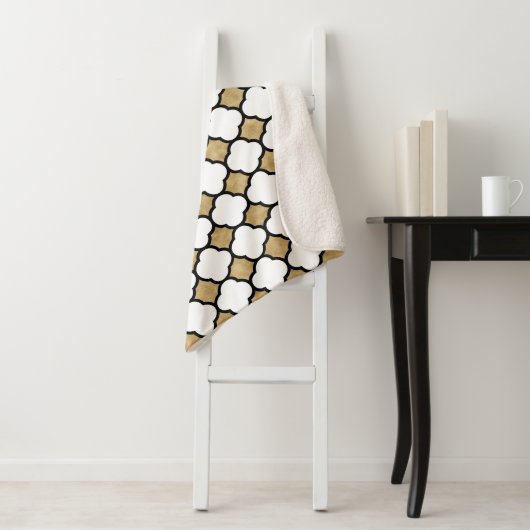 Gold Glitter Black White Geometric Quatrefoil Sherpa Deken (In situ)