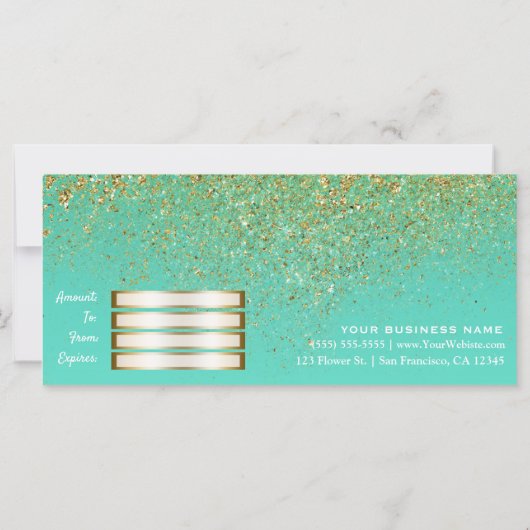 Gold Glitter & Blauwgroen Aqua Glam Cadeaubon (Achterkant)