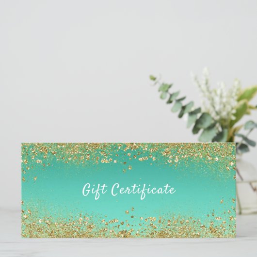 Gold Glitter & Blauwgroen Aqua Glam Cadeaubon (Staand voorkant)