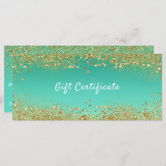 Gold Glitter & Blauwgroen Aqua Glam Cadeaubon (Voorkant / Achterkant)