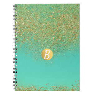 Gold Glitter & Blauwgroen Aqua Glam Glamor Monogra Notitieboek