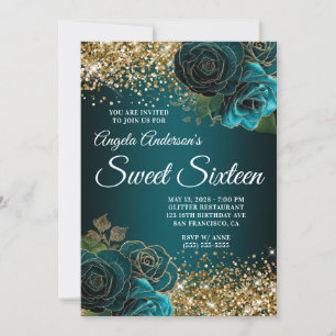 Gold Glitter Blauwgroen Blue Floral Glam Sweet Six Kaart