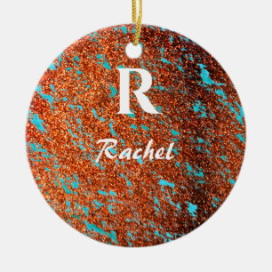 Gold Glitter Blauwgroen Blue Monogram Initiaal Nam Keramisch Ornament