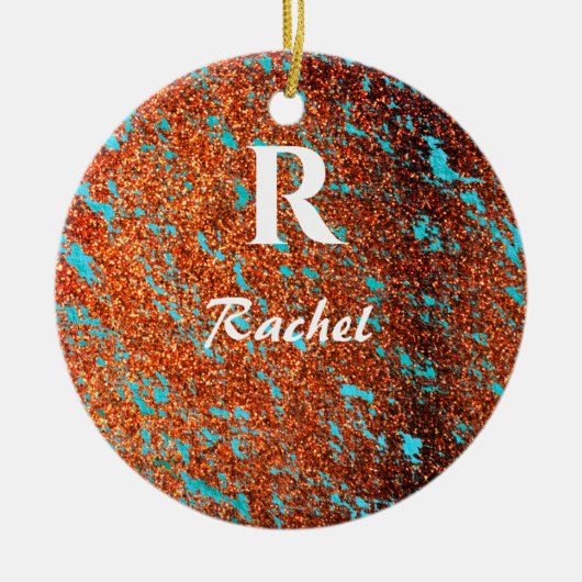 Gold Glitter Blauwgroen Blue Monogram Initiaal Nam Keramisch Ornament (Voorkant)
