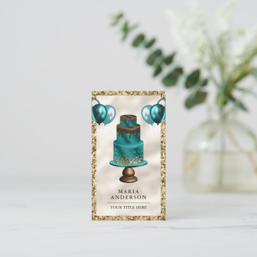 Gold Glitter Blauwgroen Cake Balloons Event Planne Visitekaartje (Staand voorkant)