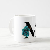 Gold Glitter Blauwgroen Floral Glam Monogram Koffiemok (Voorkant links)