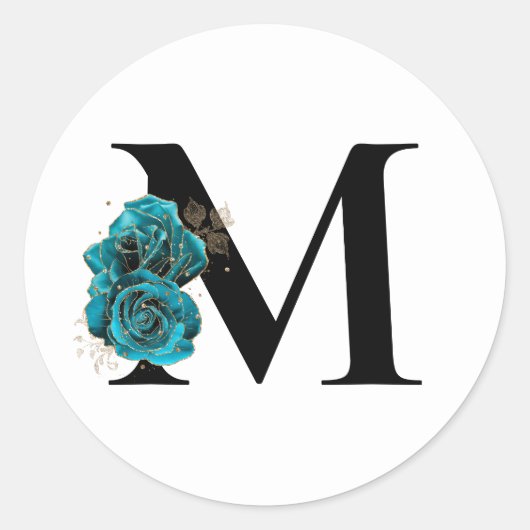 Gold Glitter Blauwgroen Floral Glam Monogram Ronde Sticker (Voorkant)
