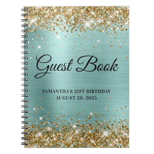 Gold Glitter Bleek Turquoise 21st Bday Guestbook Notitieboek (Voorkant)