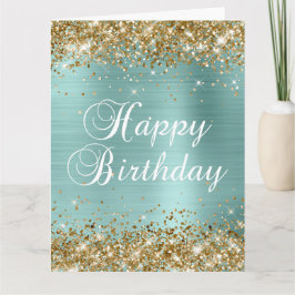 Gold Glitter Bleek Turquoise Big Happy Birthday Kaart