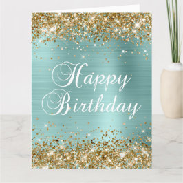 Gold Glitter Bleek Turquoise Big Happy Birthday Kaart