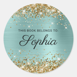 Gold Glitter Bleek Turquoise Calligrafie Book Ronde Sticker