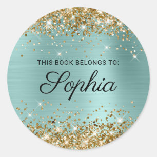 Gold Glitter Bleek Turquoise Calligrafie Book Ronde Sticker