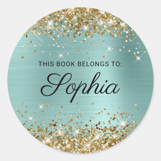 Gold Glitter Bleek Turquoise Calligrafie Book Ronde Sticker (Voorkant)