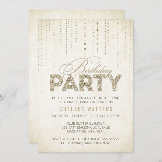 Gold Glitter Blithday Party Kaart (Voorkant / Achterkant)