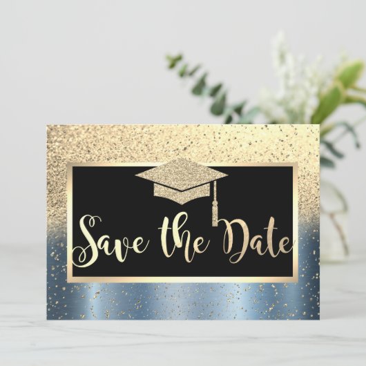 Gold Glitter Blue Afstuderen Save the Date (Staand voorkant)