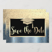 Gold Glitter Blue Afstuderen Save the Date (Voorkant / Achterkant)