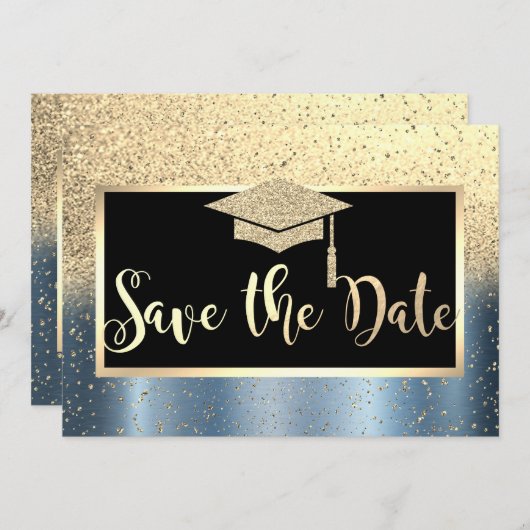 Gold Glitter Blue Afstuderen Save the Date (Voorkant / Achterkant)