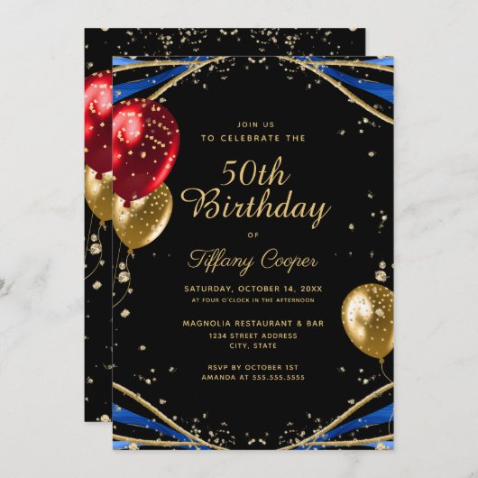 Gold Glitter Blue Agate Womans 50th Birthday Kaart (Voorkant / Achterkant)