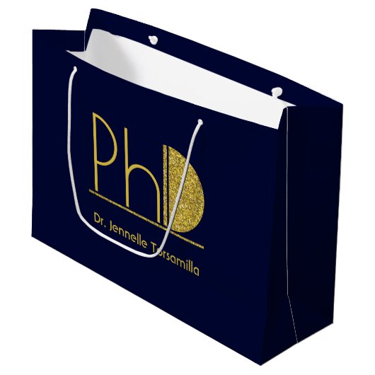 Gold Glitter Blue PhD-Afstuderen Groot Cadeauzakje (Voorkant Gekanteld)