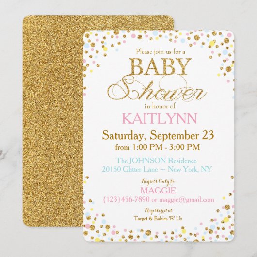 Gold Glitter Blue Pink Yellow Sprinkle Baby shower Kaart (Voorkant / Achterkant)