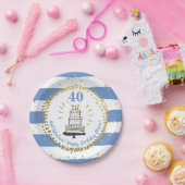 Gold Glitter Blue Stripe any Age Happy Birthday Papieren Bordje (Feest)