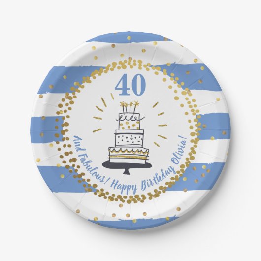 Gold Glitter Blue Stripe any Age Happy Birthday Papieren Bordje (Voorkant)