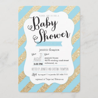 Gold Glitter & Blue Stripes Baby Boy Shower Invite Kaart