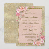 Gold Glitter Blush Floral Quinceañera Birthday Kaart (Voorkant / Achterkant)