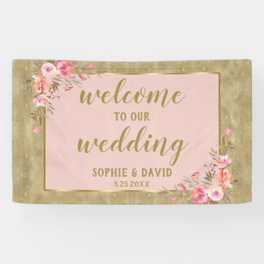 Gold Glitter Blush Floral Weddenschap Welkomstteke Spandoek (Horizontaal)