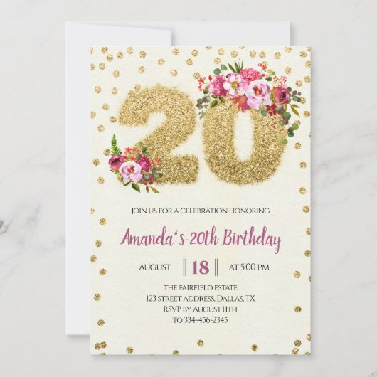 Gold Glitter Blush Pink 20e verjaardag Uitnodiging (Voorkant)