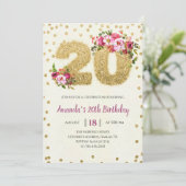 Gold Glitter Blush Pink 20e verjaardag Uitnodiging (Staand voorkant)