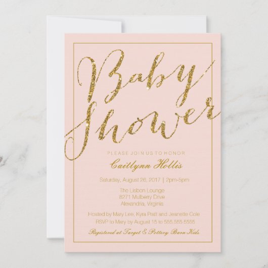 Gold Glitter Blush Pink Baby shower Invitation Kaart (Voorkant)