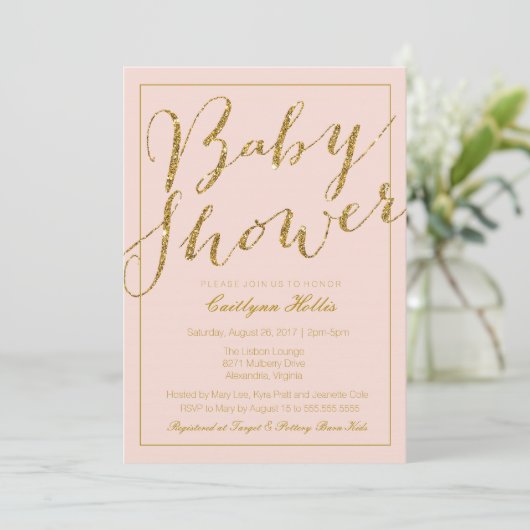 Gold Glitter Blush Pink Baby shower Invitation Kaart (Staand voorkant)