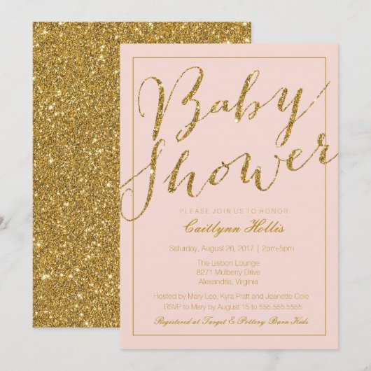 Gold Glitter Blush Pink Baby shower Invitation Kaart (Voorkant / Achterkant)