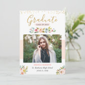 Gold Glitter Blush Pink Floral Foto Afstuderen Aankondiging (Staand voorkant)