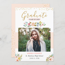 Gold Glitter Blush Pink Floral Foto Afstuderen Aankondiging