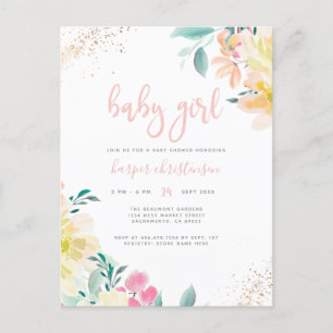 Gold Glitter Blush Pink Floral Girl Baby shower Uitnodiging Briefkaart