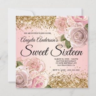 Gold Glitter Blush Pink Floral Sweet Sixteen Kaart