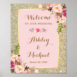 Gold Glitter Blush Pink Floral Weddenschap Poster