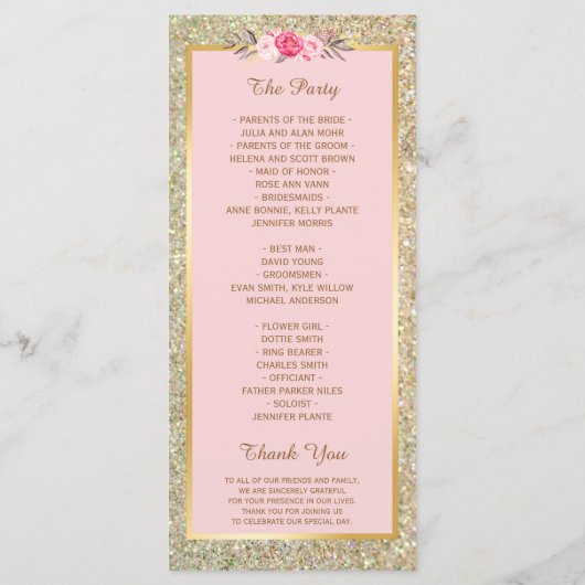 Gold Glitter Blush Pink Floral Wedding Programme Programmakaart (Achterkant)