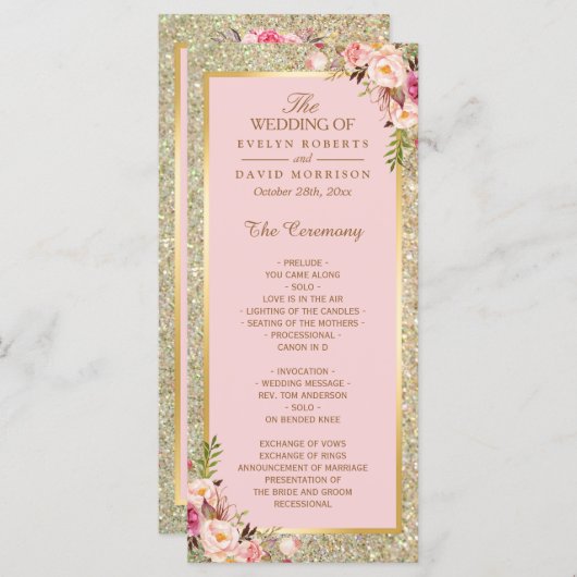 Gold Glitter Blush Pink Floral Wedding Programme Programmakaart (Voorkant / Achterkant)