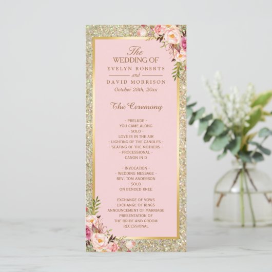 Gold Glitter Blush Pink Floral Wedding Programme Programmakaart (Staand voorkant)
